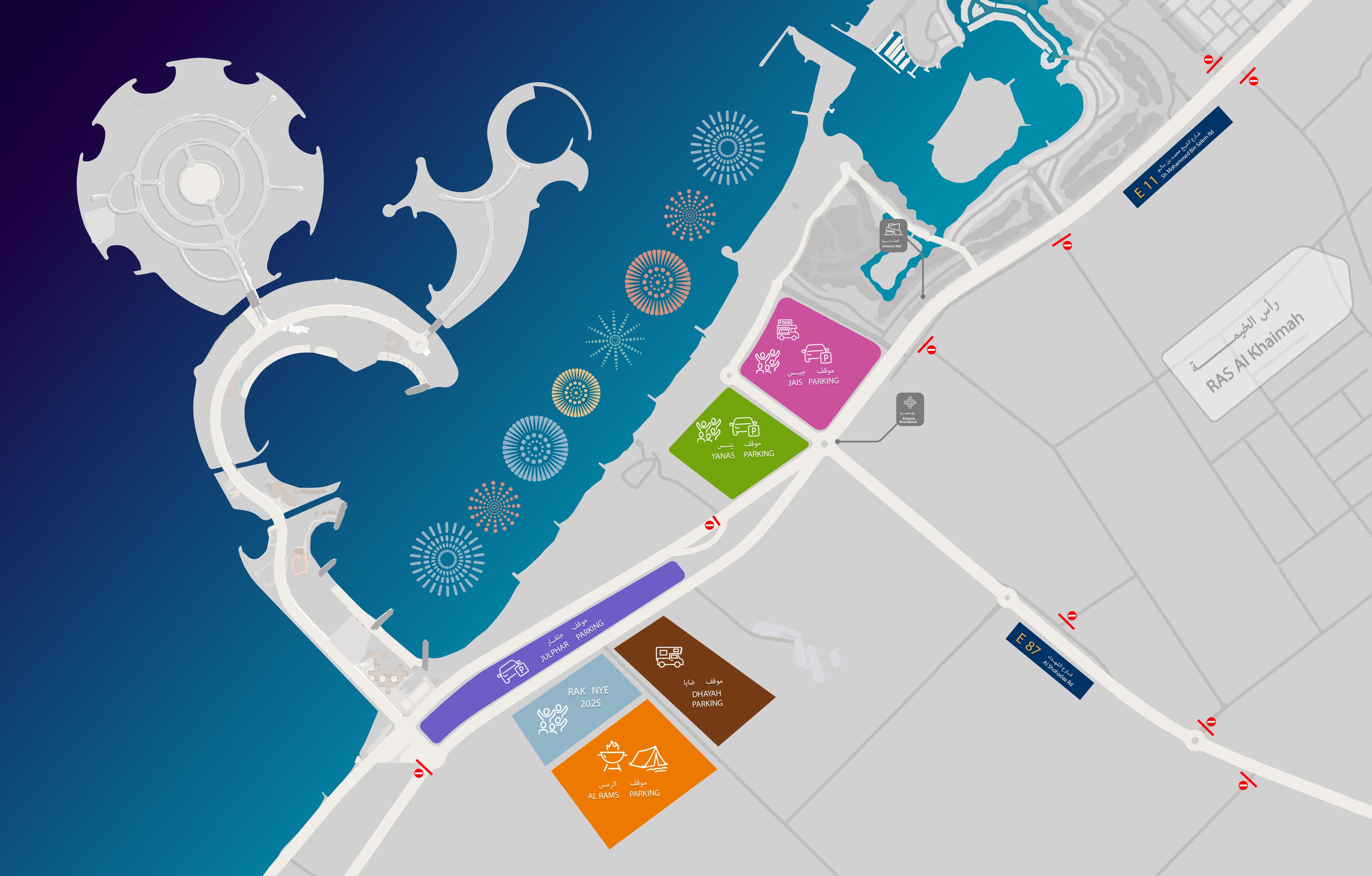 RAK NYE Parking locations overview map